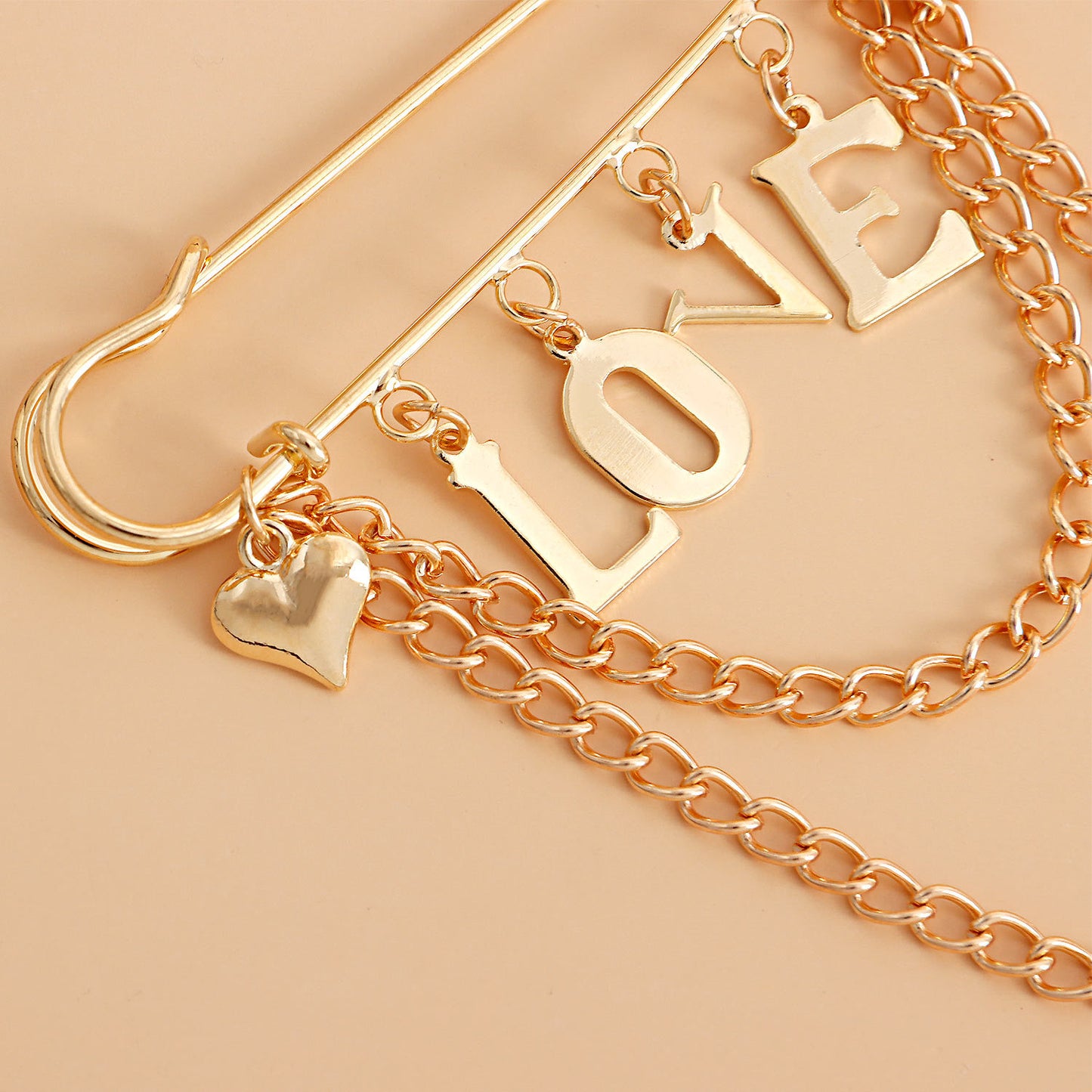 Geometric LOVE Letter Pendant Brooch with Heart and Tassel Accents for Women Alloy Plated Jewelry