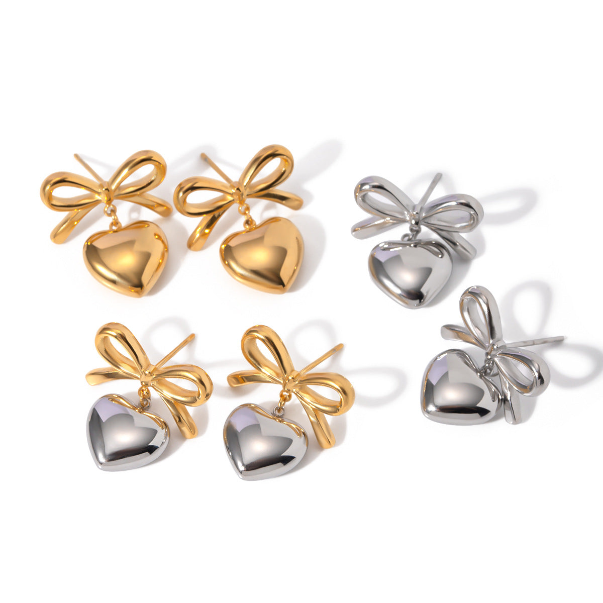 Sweet Two-Tone Heart Butterfly Knot Plated Stainless Steel Earrings for Women