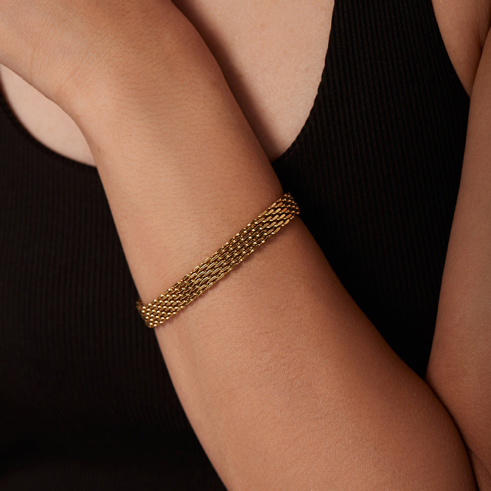 Geometric Stainless Steel Bracelet with Zircon Inlay for Women, Titanium Steel and 18K Gold Plated Accent Chain