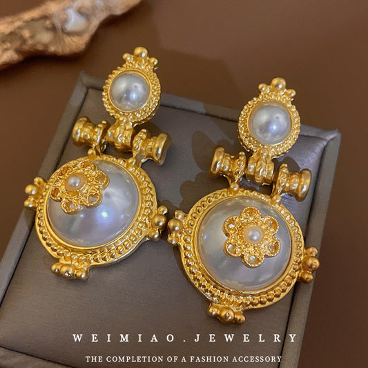 Orecchini a Cerchio Geometrici da Donna con Perle e Fiori Vintage, con Perno in Acciaio Inossidabile