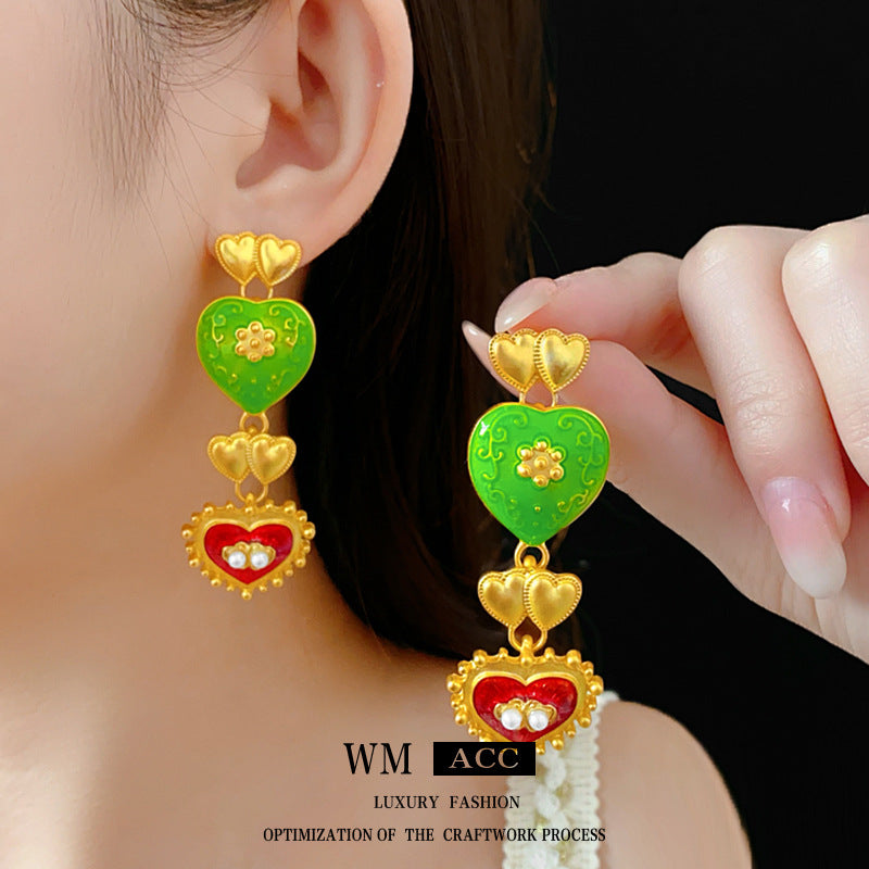 Pendientes colgantes con diseño floral y de corazón de estilo vintage con acabado esmaltado en aleación para mujer