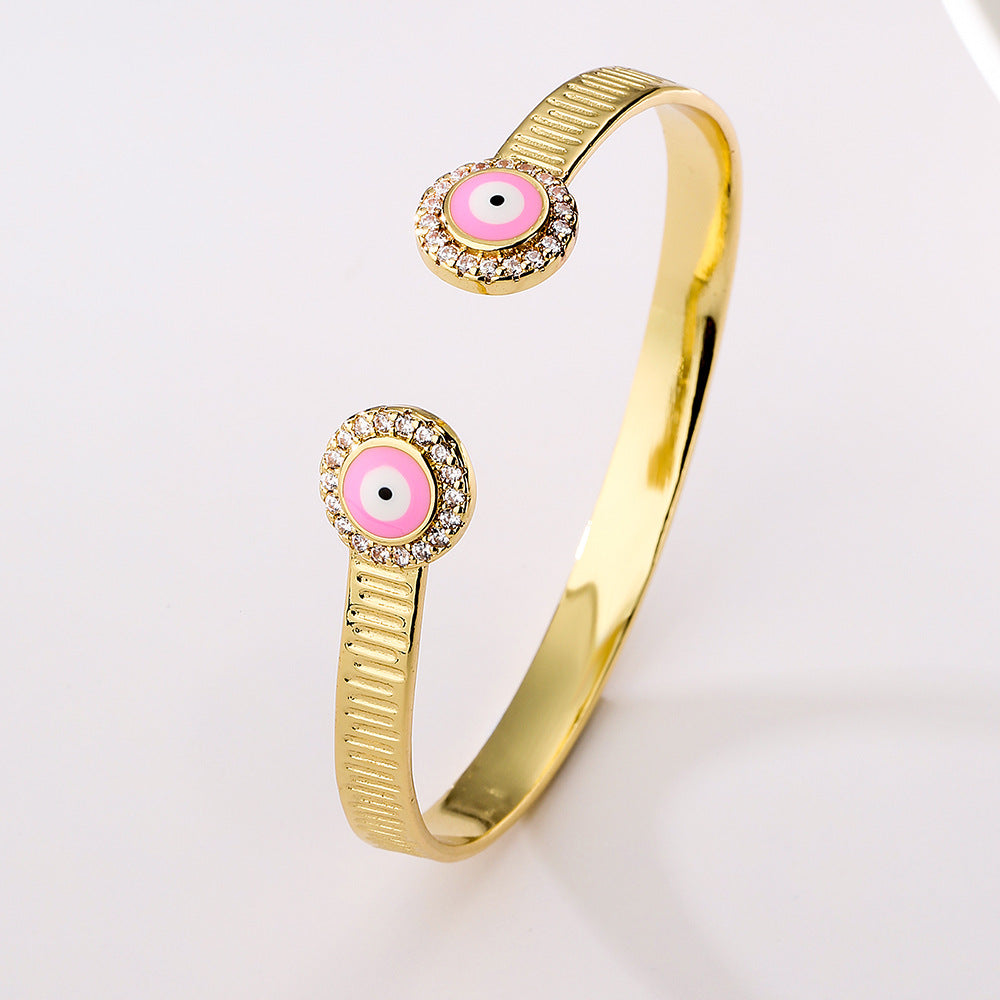 Minimalist Fashion Eye-Shaped Copper Bracelet with 18K Gold Plating and Zircon Inlay for Women