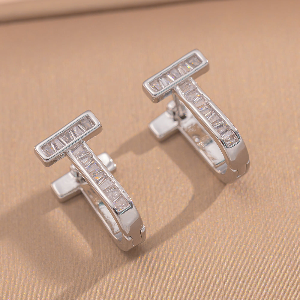 Minimalist T-Shaped Ear Studs with Zircon Inlay in Gold-Plated Copper for Women, Elegant Office-Ready Luxury Style