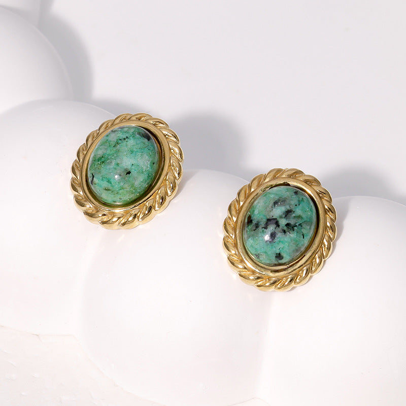 French Vintage Style Oval Geometric Stainless Steel Stud Earrings for Women with Plated Finish