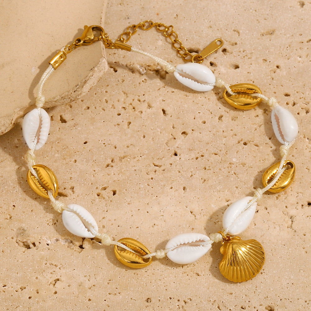Bohemian Style Geometric Stainless Steel Plated 18K Gold Shell and Scallop Anklet for Women