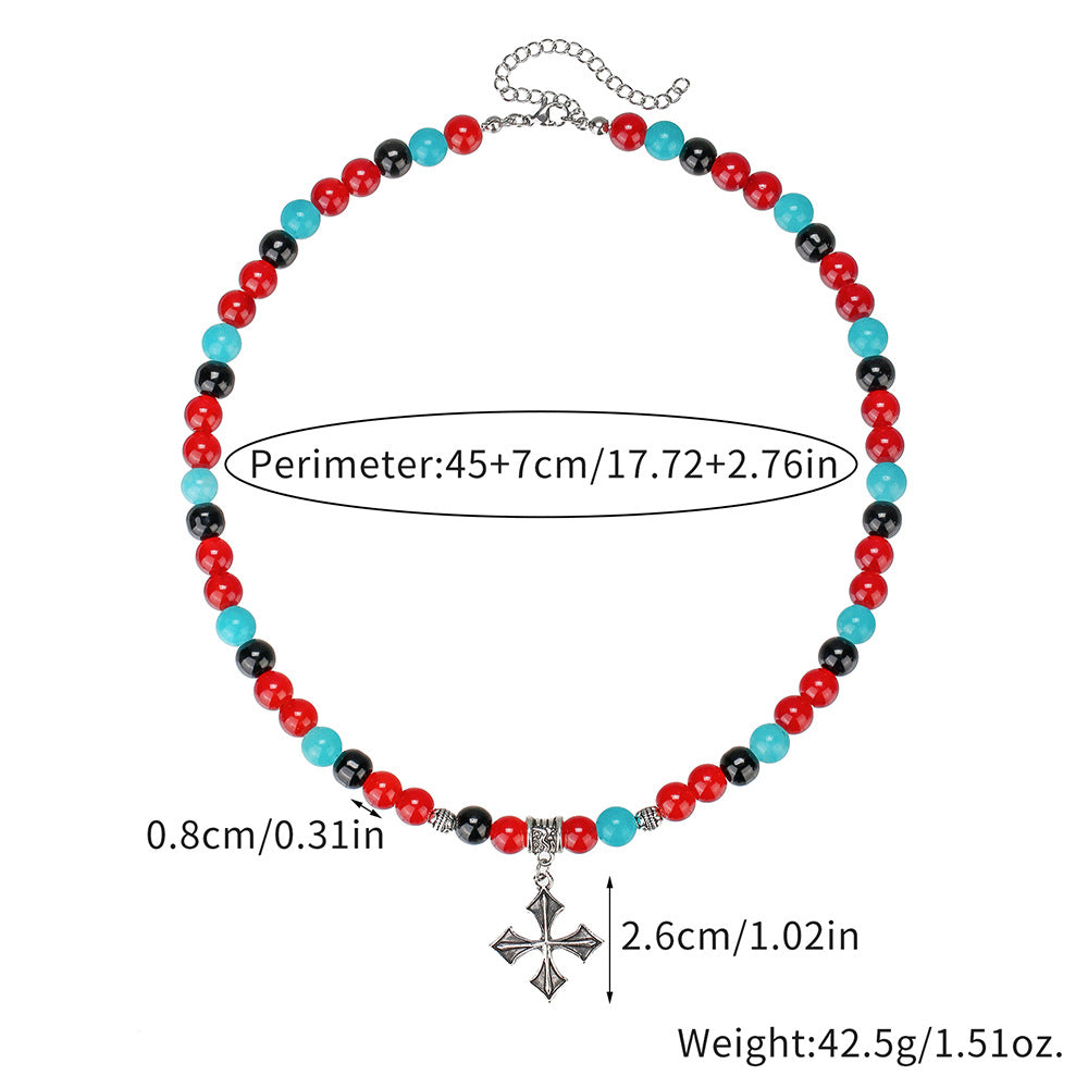 Bohemian Geometric Cross Agate Gemstone Glass Bead Ball Chain Necklace Unisex Handmade