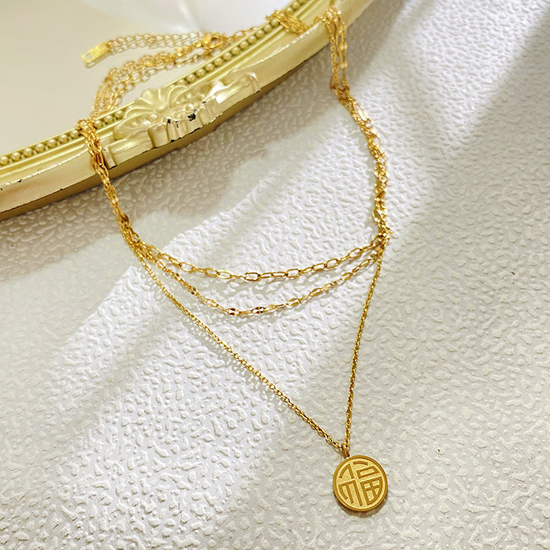 Vintage Ethnic Gold Plated Titanium Steel Round Fu Character Pendant Necklace for Unisex