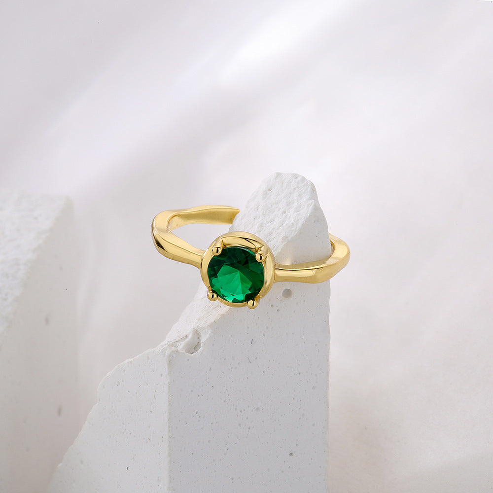 Vintage Geometric Open Ring for Women Made of Brass with Gold Plating and Micro-Paved Zirconia