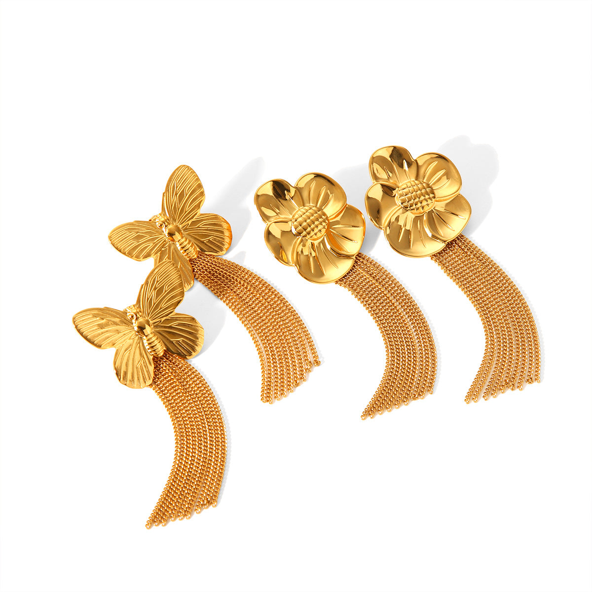 Minimalist Sunflower and Butterfly Dangle Earrings for Women in Stainless Steel with Plated Finish