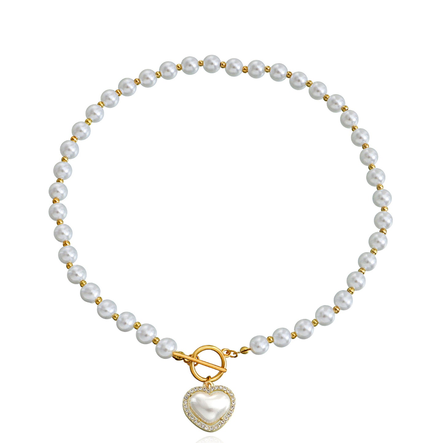 Sweet Acrylic and Pearl Beaded Necklace with Heart Pendant on Pearl Chain for Women