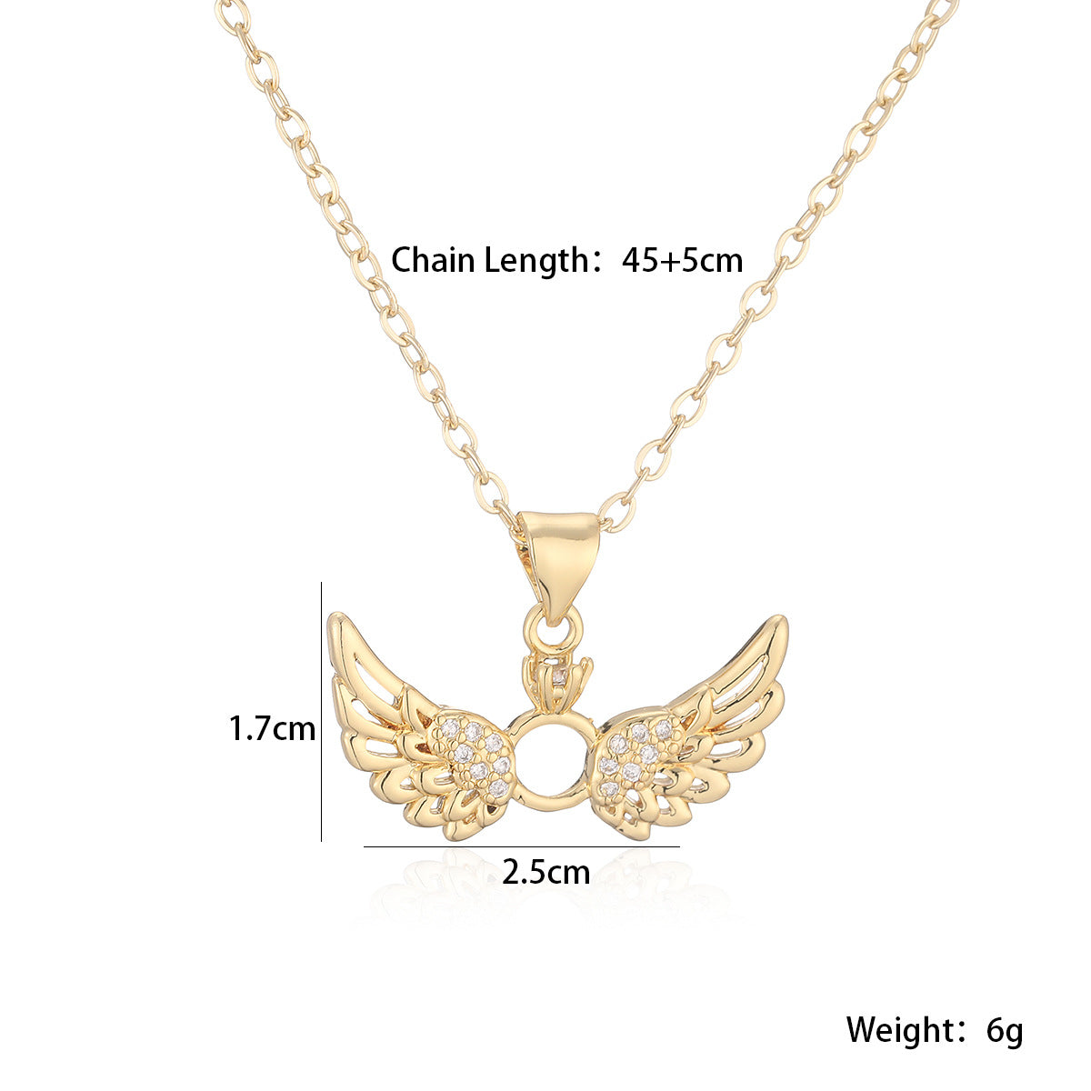 Minimalist 18K Gold Plated Brass Heart Wing Pendant Necklace with Cubic Zirconia for Women