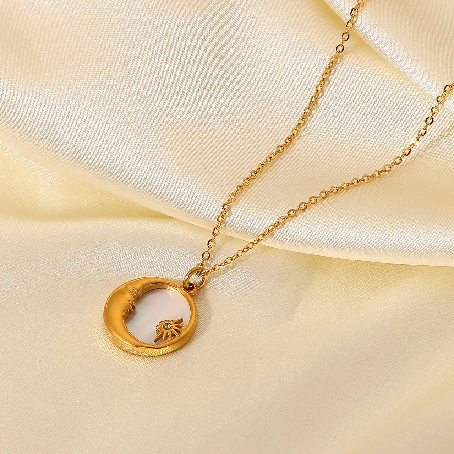 French Style 18K Gold Plated Stainless Steel Necklace with Natural White Shell Star Moon Geometric Pendant