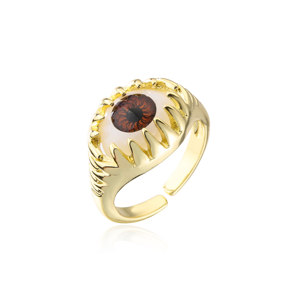 Geometric Micro-Inlay Gold Plated Brass Evil Eye Ring for Women