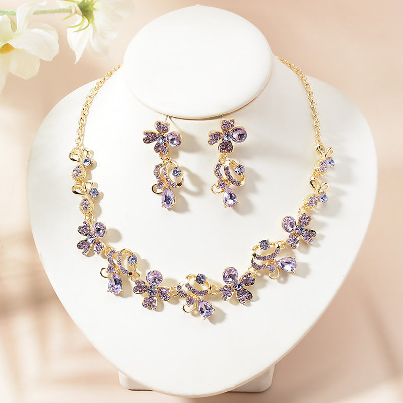 Elegant Floral Rhinestone Plated Necklace and Earring Set for Women Wedding Party