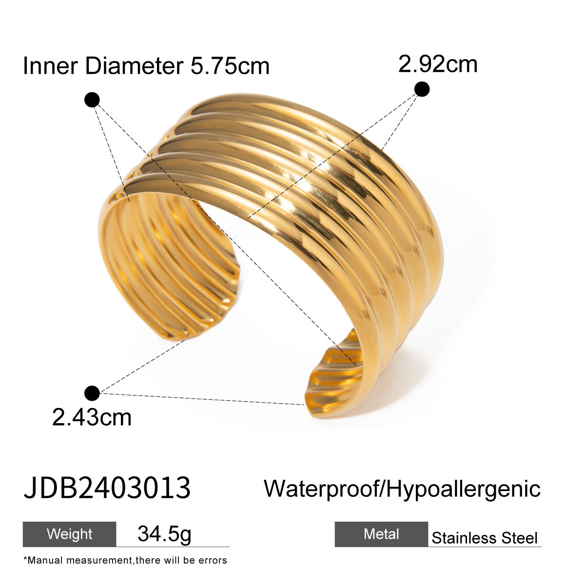 18K Gold Plated Geometric Stainless Steel Smooth Open Cuff Bracelet