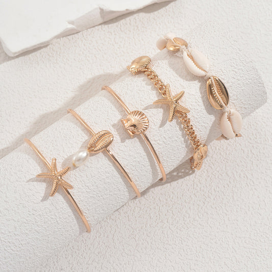 Pulsera de mujer con temática oceánica con estrella y formas geométricas, aleación de zinc, detalles de conchas y estrellas tejidos a mano, joyas para fiestas en la playa y vacaciones