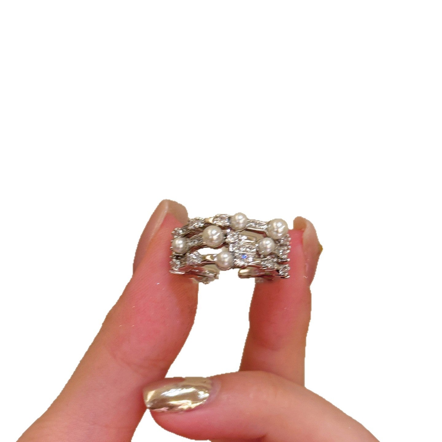 Anello Regolabile Minimalista da Donna con Zirconi e Perle, Finitura Placcata, Design Geometrico, Accessorio di Moda Elegante