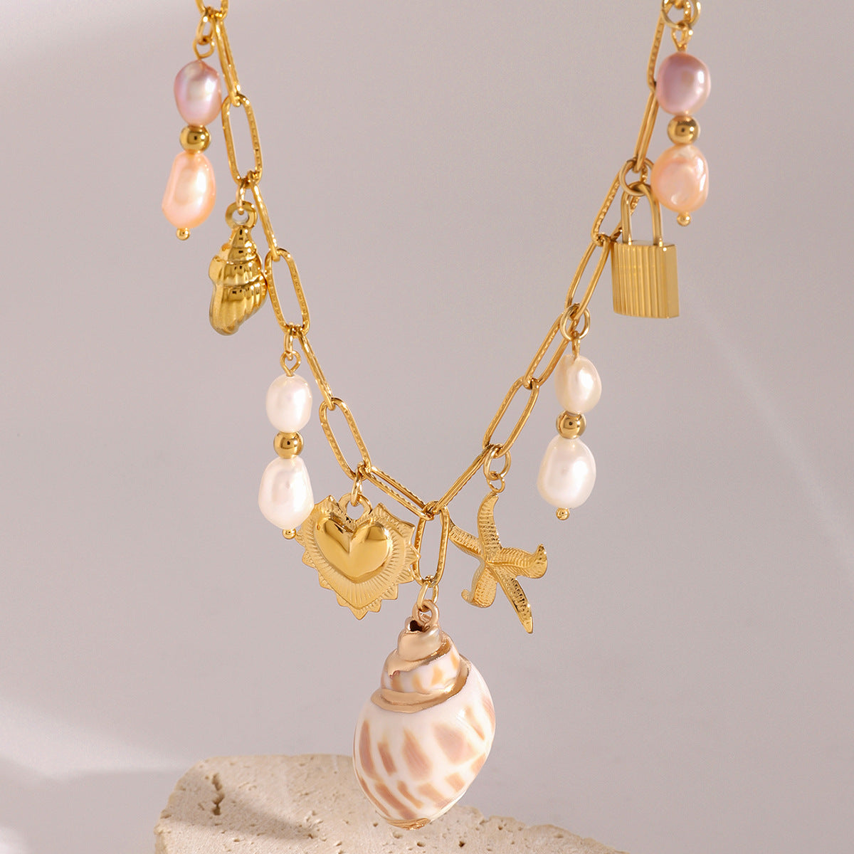 Sweet and Fresh Heart-Shaped Stainless Steel Pendant Necklace with Mother-of-Pearl Inlay, Seashell and Starfish Motifs, Adjustable Length