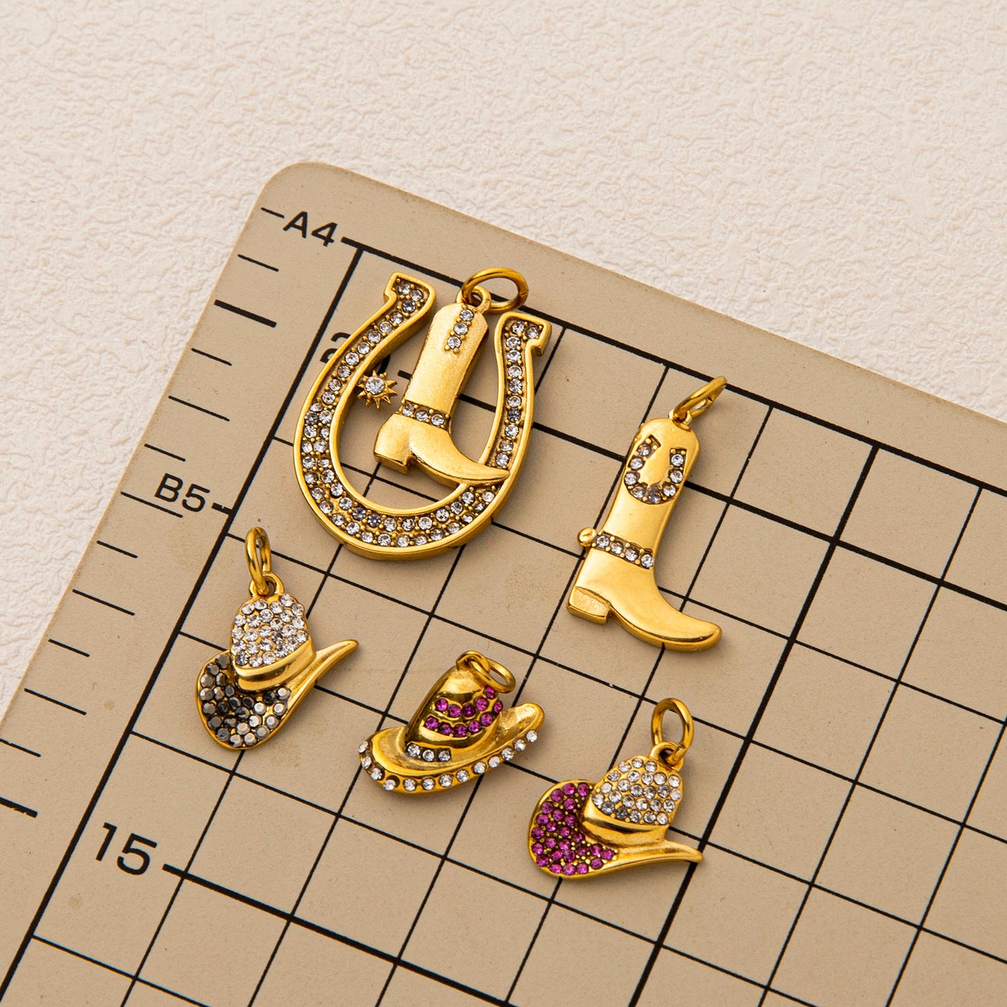 Hip-hop Stainless Steel 18K Gold Plated PVD Cowboy Hat Boot Horseshoe DIY Charm Bar