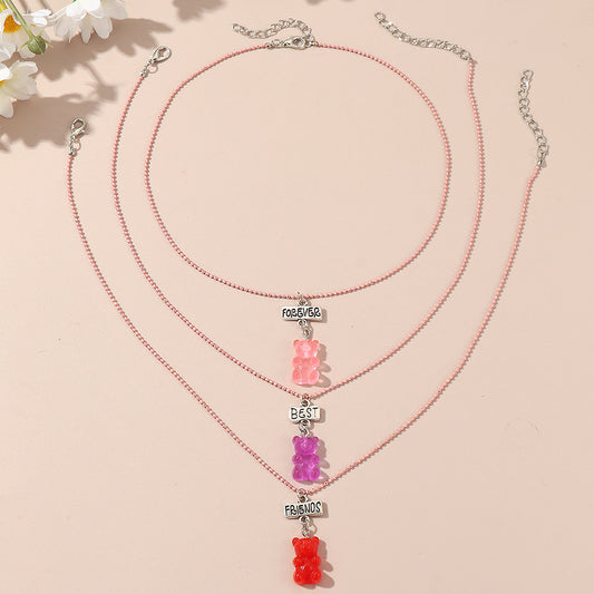 Cartoon Style Bear-Shaped Resin Necklace Set for Kids with Pink Beaded Chain and Adjustable Length