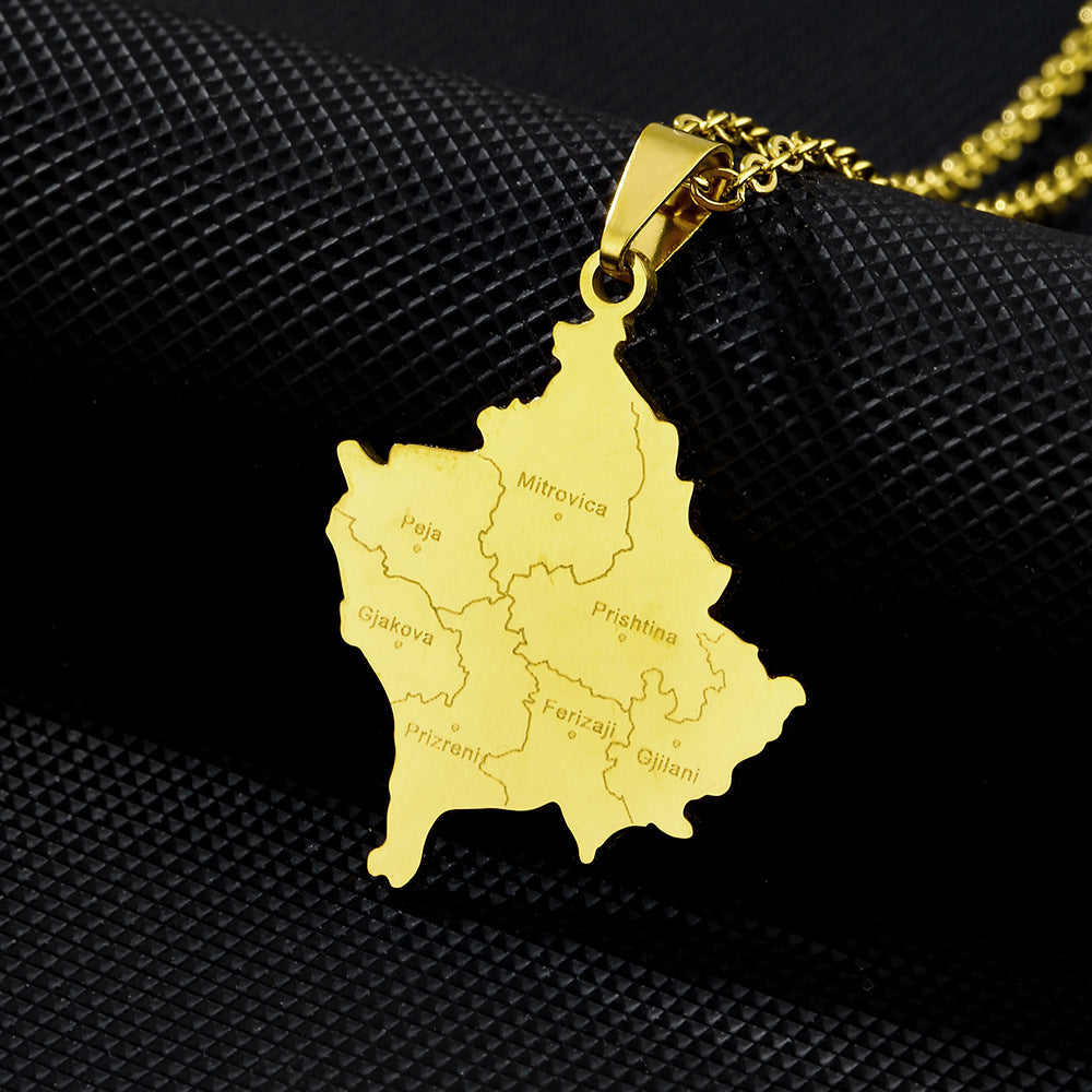 Collana con Pendente Geometrico alla Moda a Tema Città del Kosovo in Acciaio al Titanio Placcato Oro per Uomini e Donne