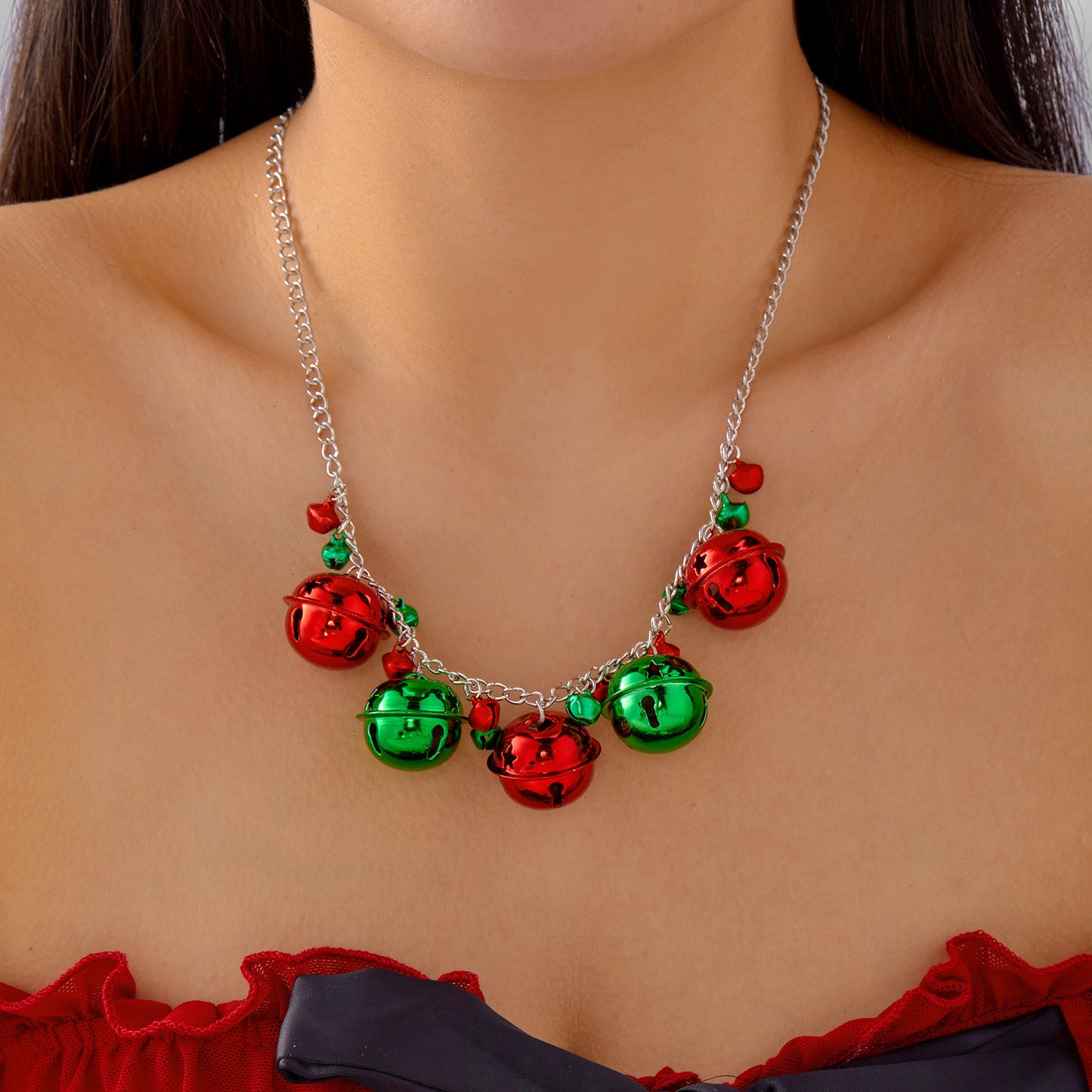 Christmas-Themed Pendant Necklace with Bell and Reindeer Charms, Zinc Alloy, Electroplated, Unisex Holiday Choker