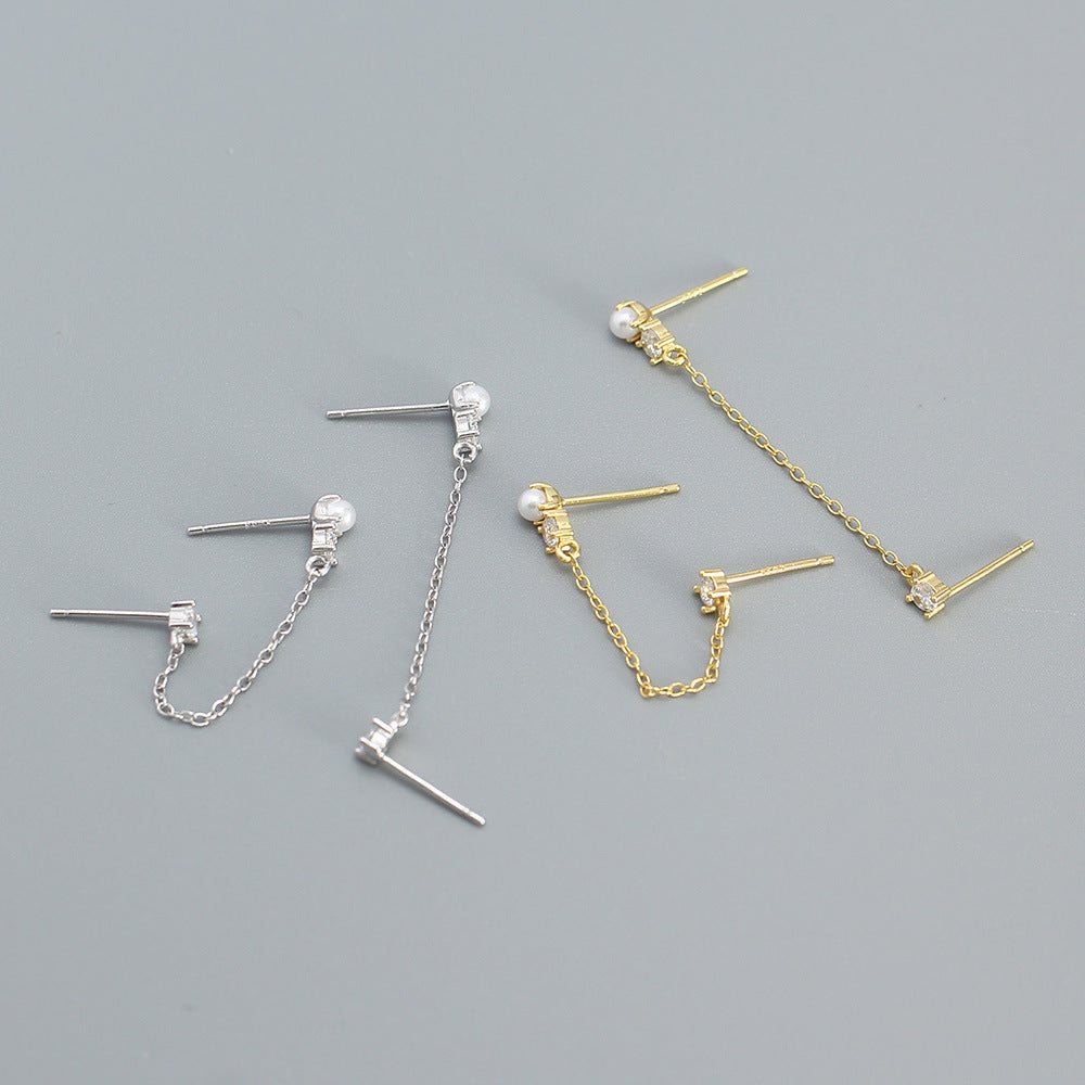 Orecchini pendenti da donna in argento sterling 925 con perle finte e intarsi in strass, design geometrico dolce e audace
