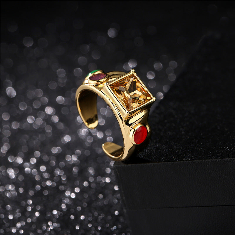 Bohemian Style Geometric Shaped Copper Ring with Micro-Pave Zirconia and 18K Gold Plating for Women