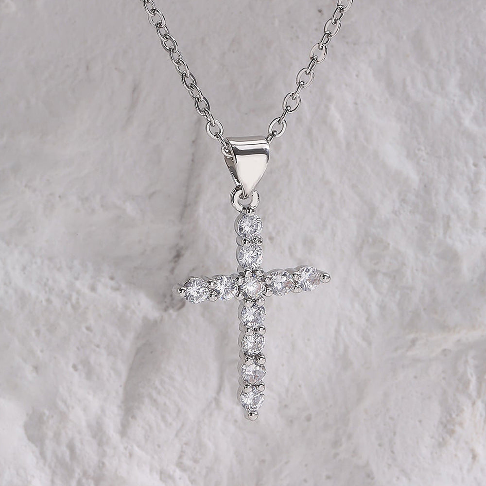 Minimalist Geometric Cross Pendant Necklace for Unisex, Copper Plated with Rhinestone Inlay, O-Chain Style, Fashionable Commuting Jewelry