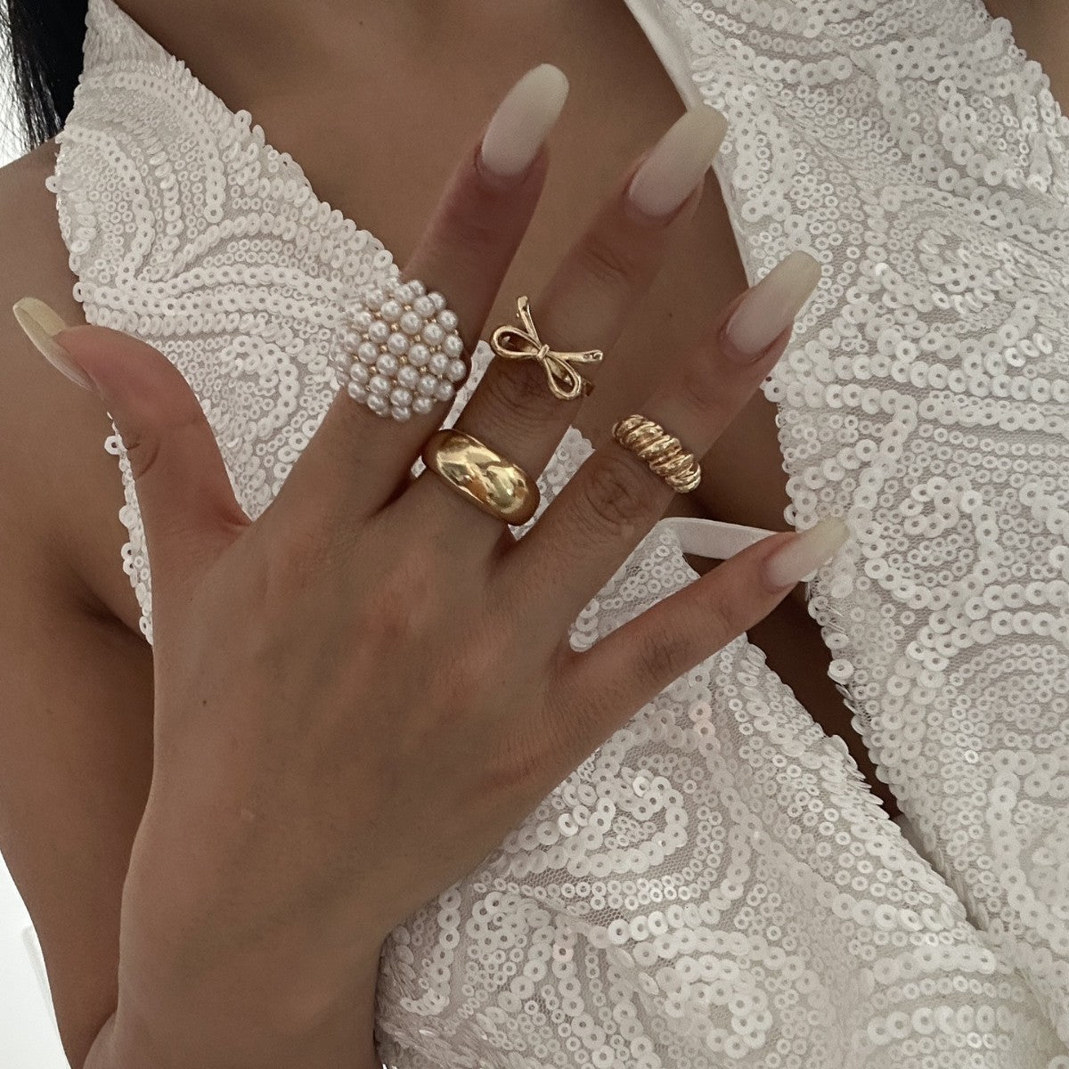Fashion Minimalist Alloy Bow Ring with Rhinestone and Imitation Pearl