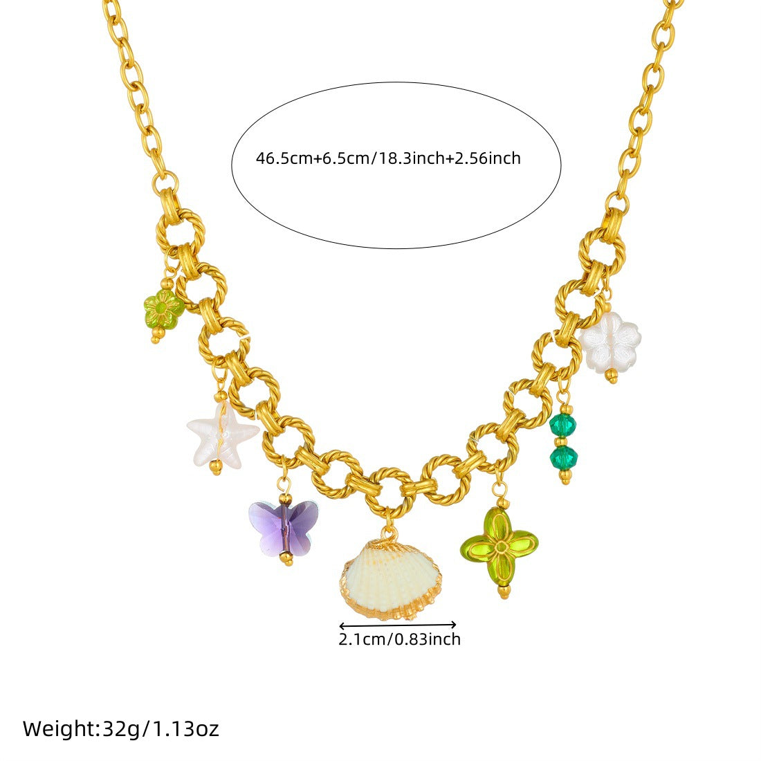 Luxury Gold Plated Stainless Steel Cable Chain Necklace with Butterfly Flower Star Acrylic Pendant for Women