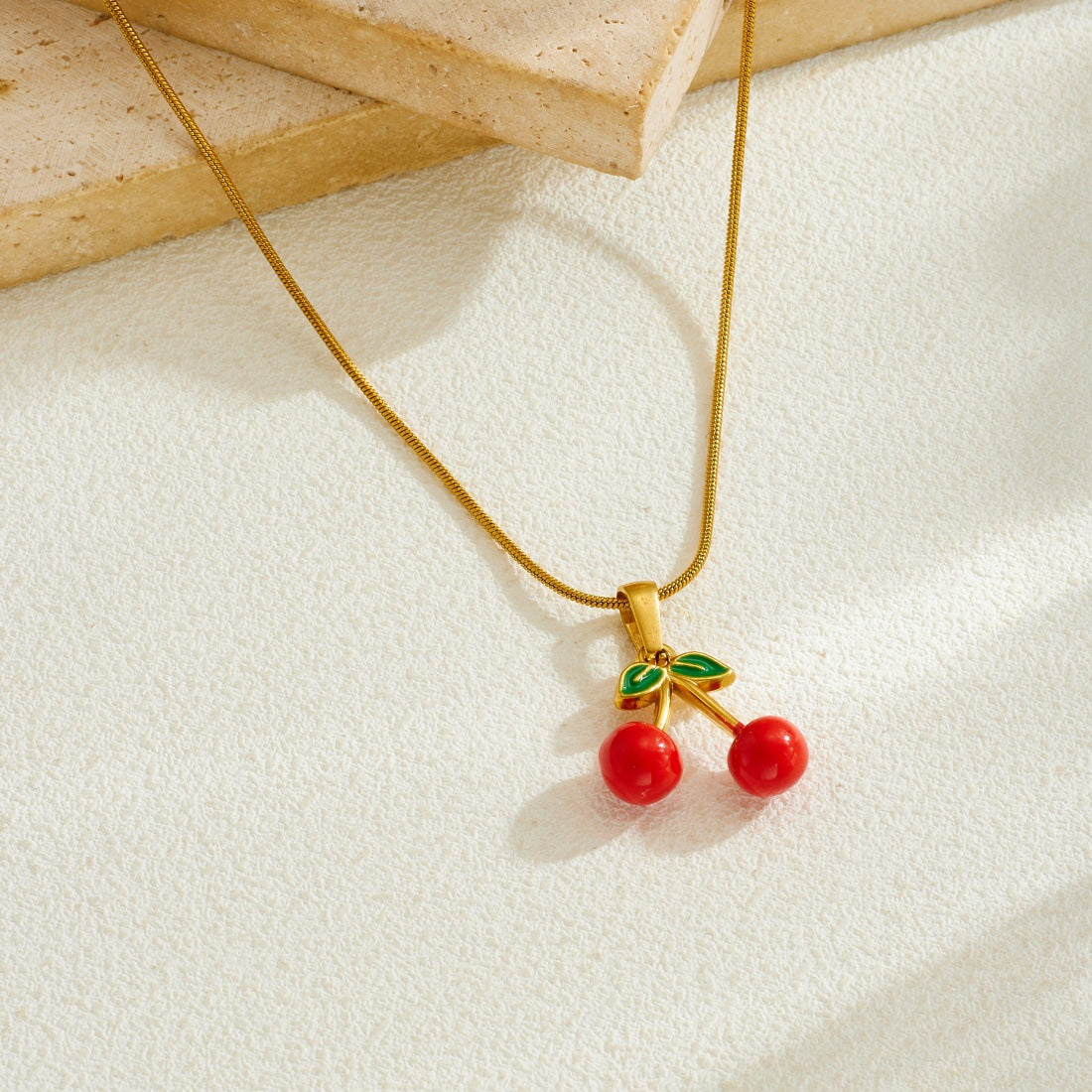 Sweet Drip Oil Cherry Fruit Plated Stainless Steel Necklace and Earring Set with Snake Chain
