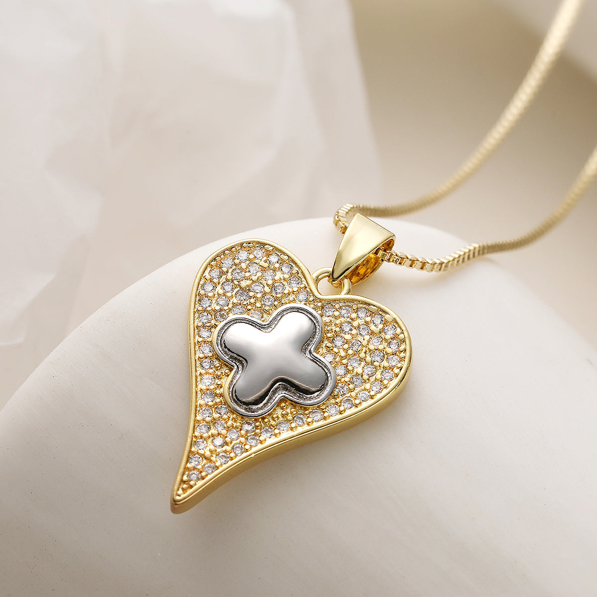Minimalist 18K Gold Plated Brass Cross and Heart Pendant Necklace with Cubic Zirconia for Women