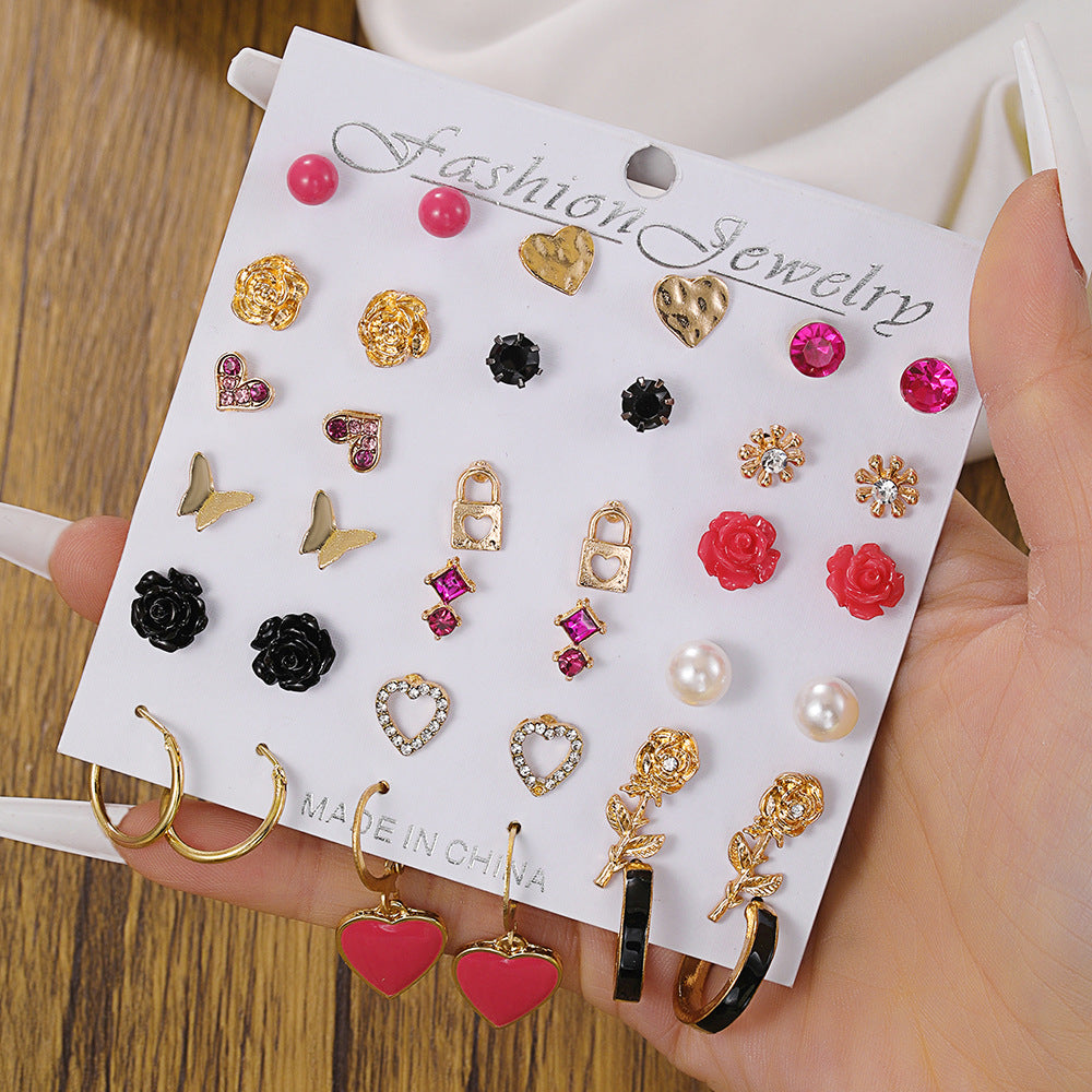 Geometric Butterfly Heart Rose Pearl Rhinestone Drip Oil Plated Alloy Earrings