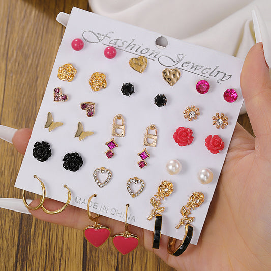 Geometric Butterfly Heart Rose Pearl Rhinestone Drip Oil Plated Alloy Earrings