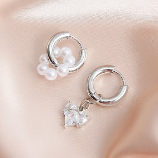 Fashionable Double Hoop Earrings with Zircon Heart Pendant Lightweight Luxe Metal Ear Rings for Women