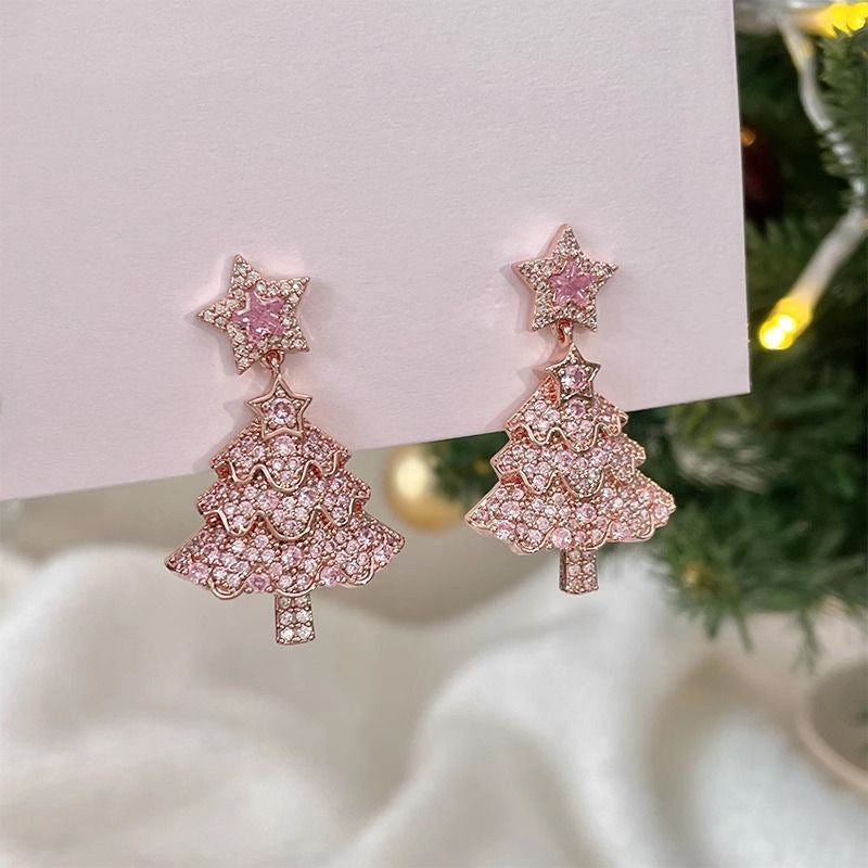 Pendientes de tuerca con forma de árbol de Navidad y diamantes de imitación rosas para mujer, con base de aleación de zinc y acabado galvanizado.