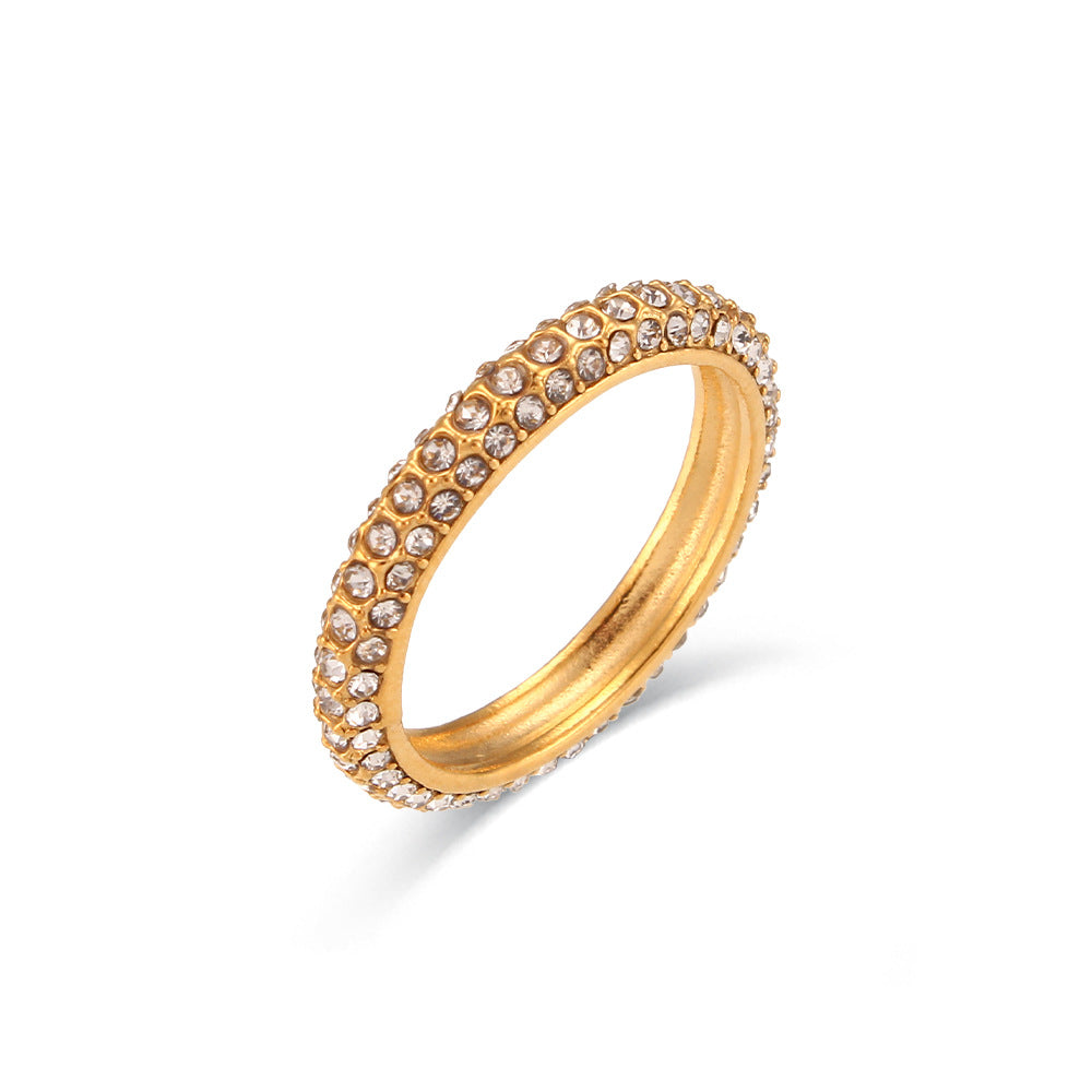 Anillo minimalista geométrico de acero inoxidable para mujer con acabado chapado e incrustaciones de circonitas completas