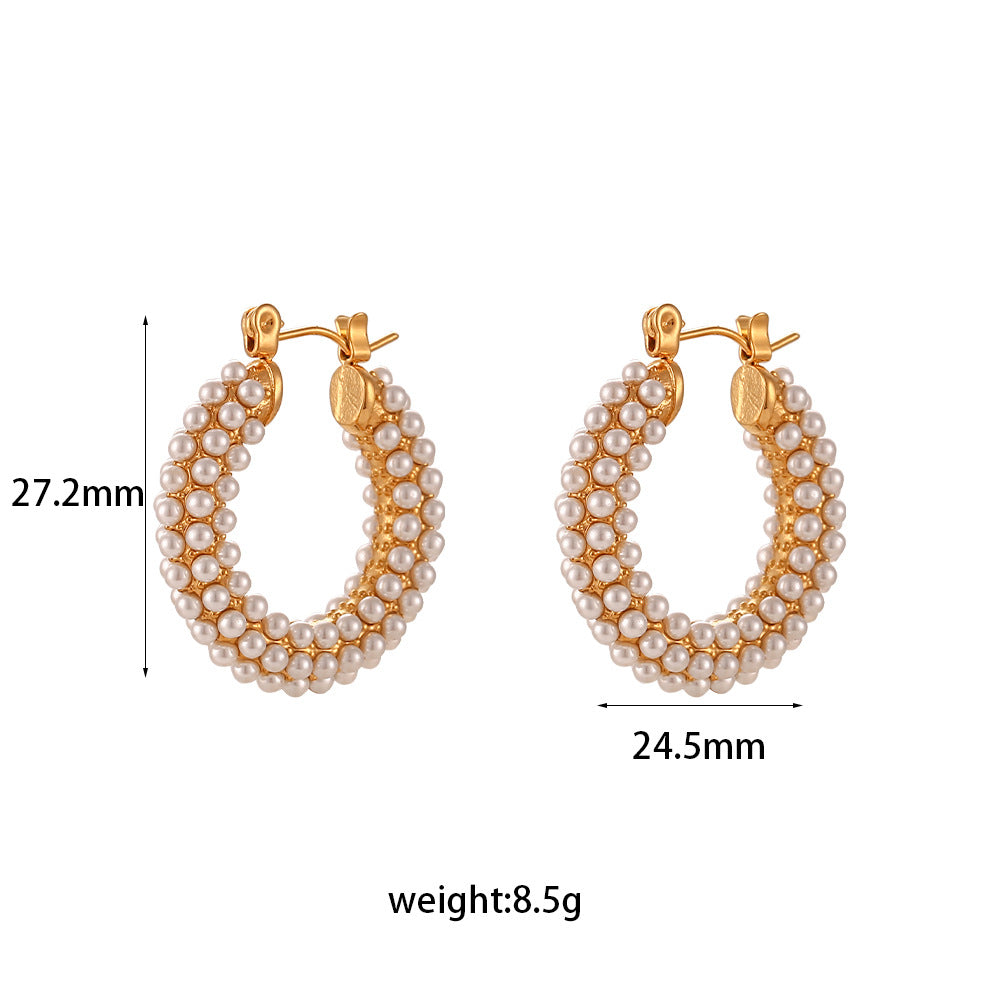 Orecchini Minimalisti Geometrici in Acciaio Inossidabile con Placcatura in Oro 18K e Intarsio di Perle Intere per Donne