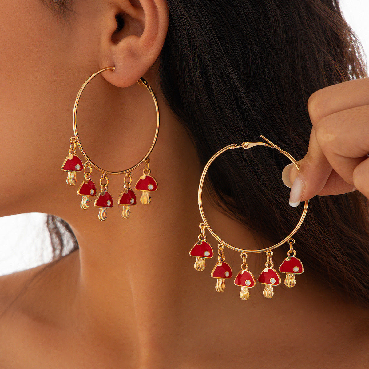 Pendientes de borla de seta rústicos florales para mujer con marco de metal de forma geométrica y acabado chapado