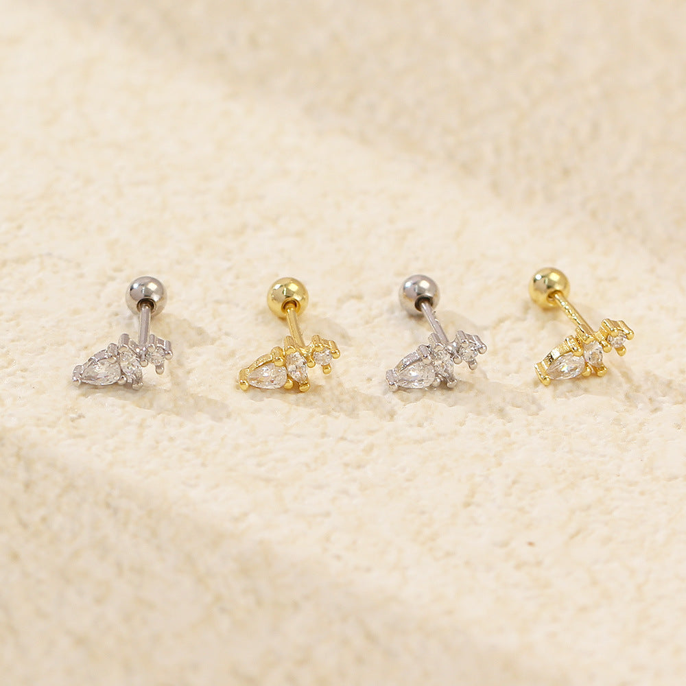 Sweet and Edgy Water-Drop-Shaped S925 Sterling Silver Threaded Cartilage Earrings with Rhinestone Inlay for Women