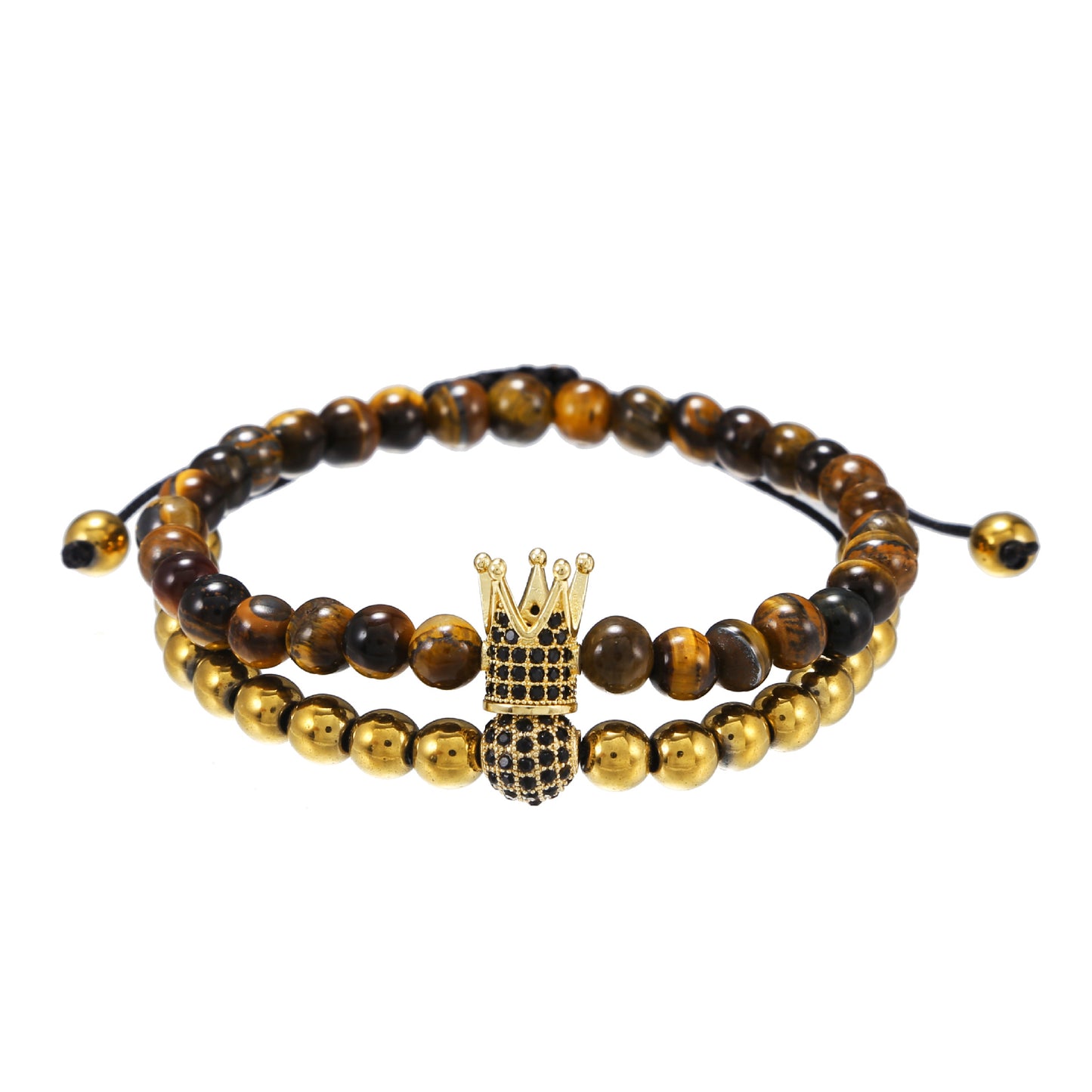 Geometric Crown Tiger's Eye and Cubic Zirconia Brass Bracelet Set