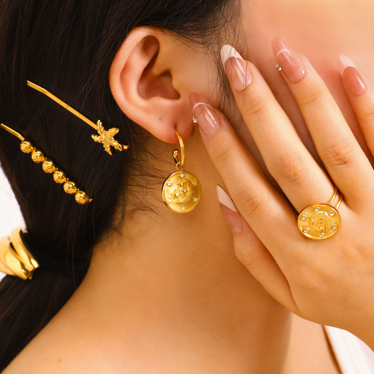Minimalist Geometric Moon and Star Pendant Set in Stainless Steel with 18K Vacuum Plated Gold Finish for Women