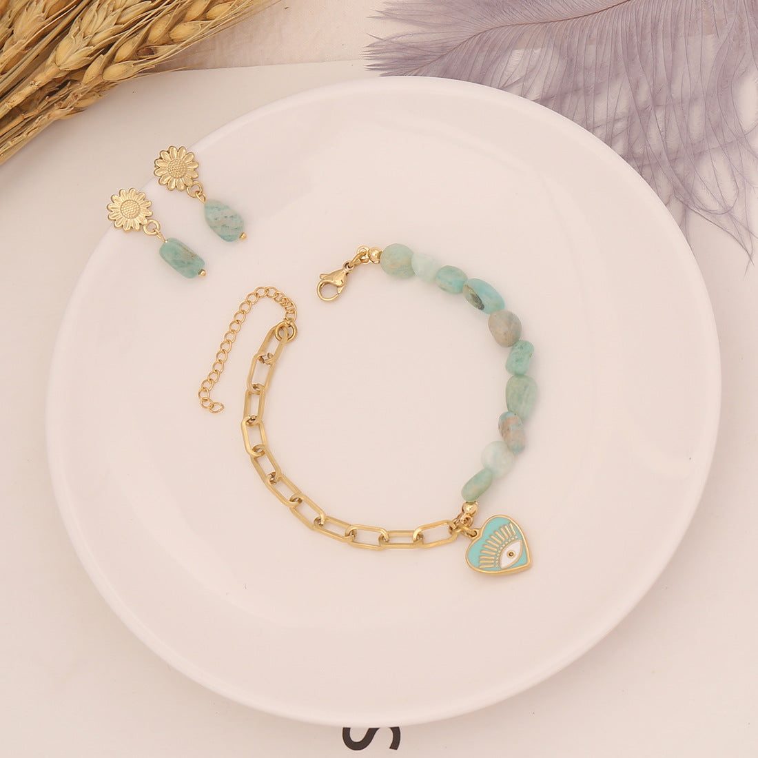 Collana bohémien in pietra naturale con pendente occhio in acciaio inossidabile e catena multistrato placcata