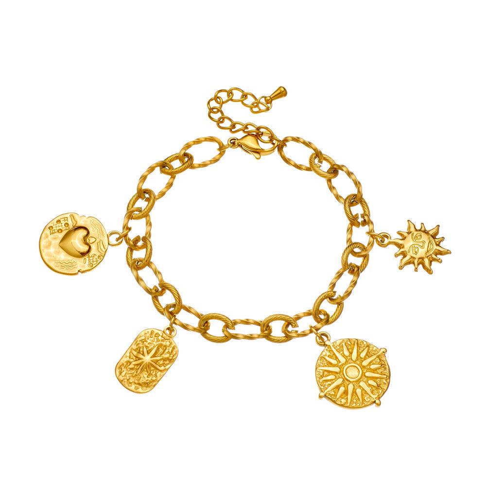 Bracciale in acciaio inossidabile da donna con ciondolo a forma di cuore e sole irregolare placcato oro vintage alla moda