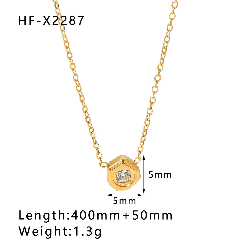 Minimalist Geometric Titanium Steel Pendant Necklace for Women with White Zircon Inlay and 18K Gold Plating
