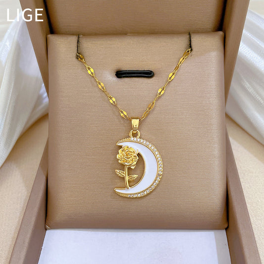 Minimalist Moon and Rose Floral Pendant Necklace for Women Stainless Steel Chain with Geometric Design