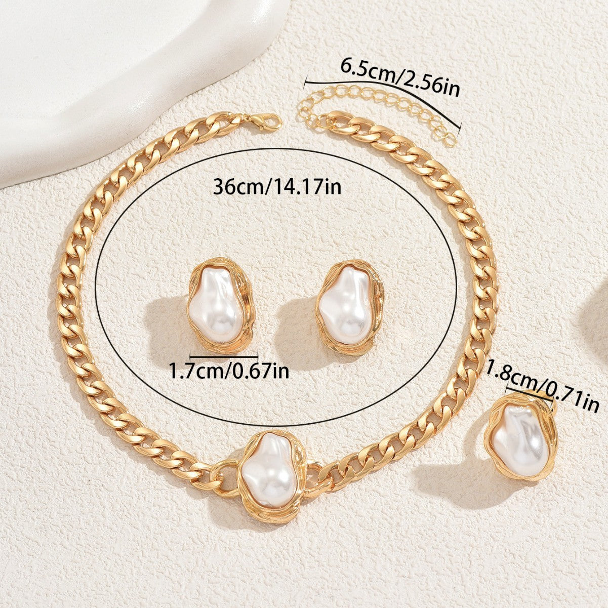 Set de Collar, Pulsera y Pendientes Geométricos de Aleación con Incrustaciones de Perlas para Mujer