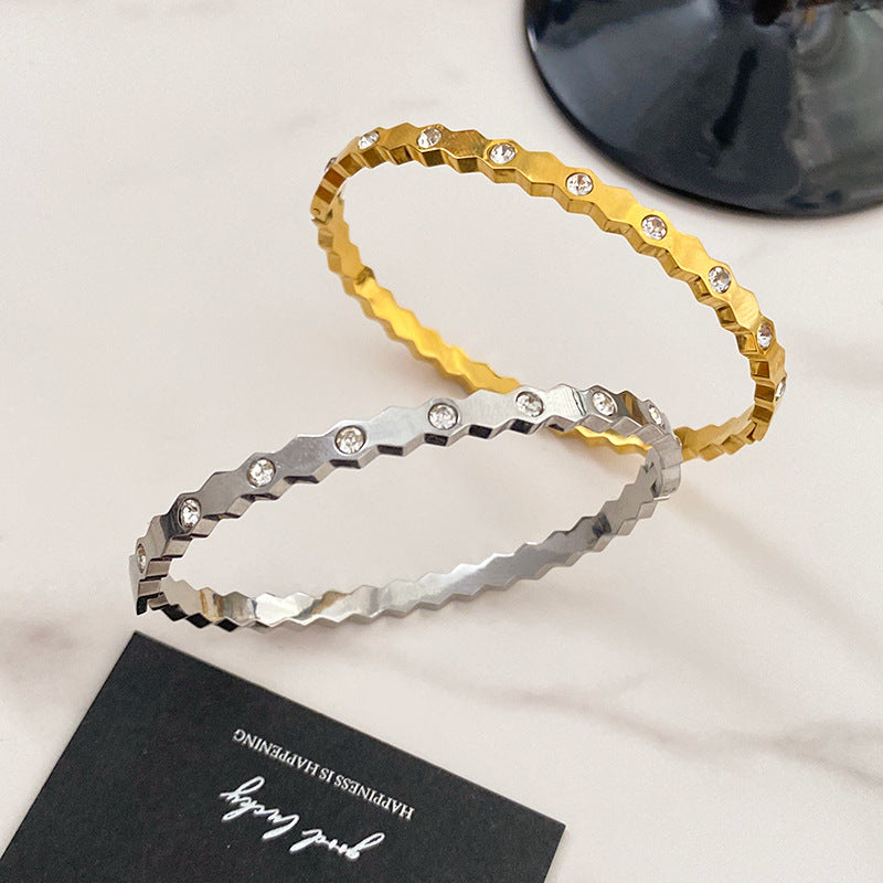 Minimalist Luxury Geometric Cubic Zirconia Plated Titanium Steel Half Bangle