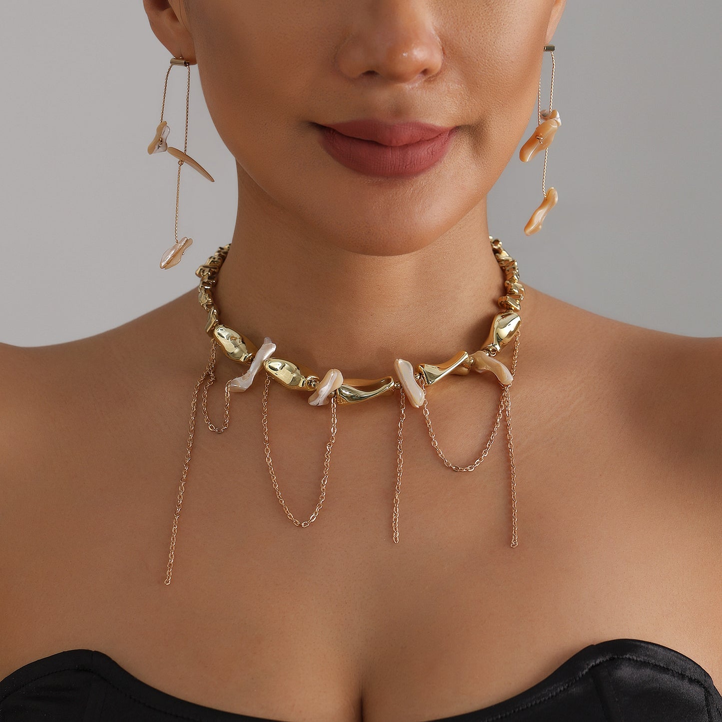 Fashion Geometric Alloy Plated Beaded Tassel Necklace with Shell Accents for Women